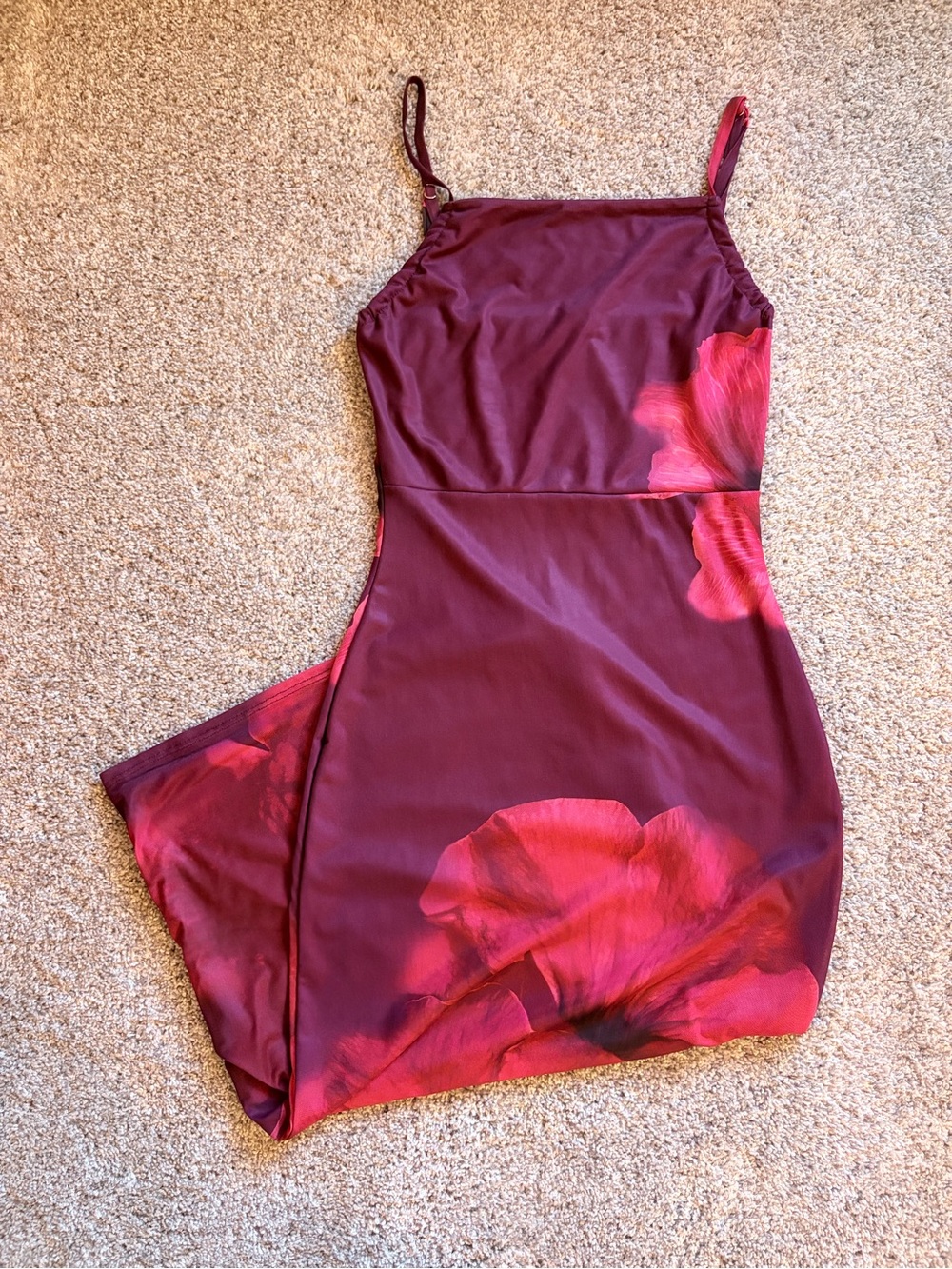 Lulu's Burgundy Midi Slip Dress with Red Floral Accent